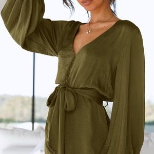 Long Puff Sleeve Satin V Neck Cocktail Party Dress